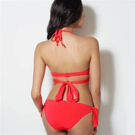 New Arrival Two Pieces Swimsuit Plain Dyed Red Bathing Suits Back Tied Bikini Alibaba