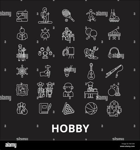 Hobby Editable Line Icons Vector Set On Black Background Hobby White