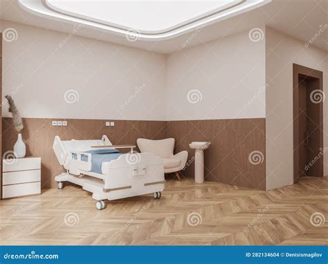 Beige Hospital Room Interior With Bed And Armchair Decoration Stock