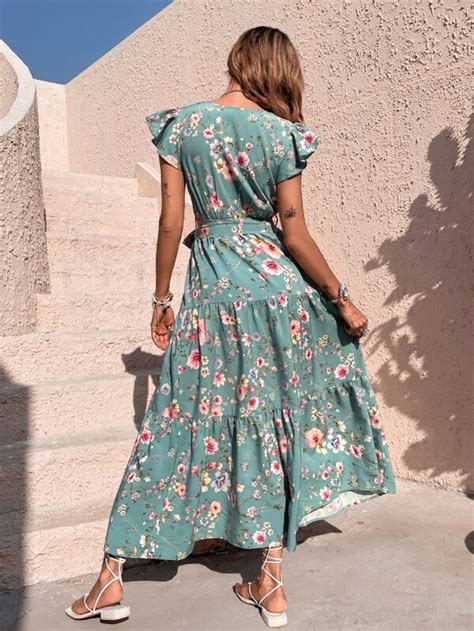 Shein Vcay Floral Print Butterfly Sleeve Ruffle Hem Belted Dress