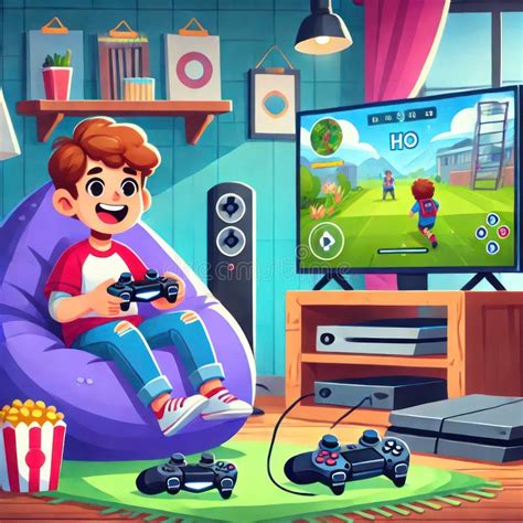 Happy Child Playing Video Games on TV in Cozy Cartoon-Style Room Stock ...