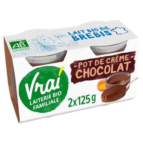 Crème dessert chocolat au lait de brebis Bio VRAI les 2 pots de 125g