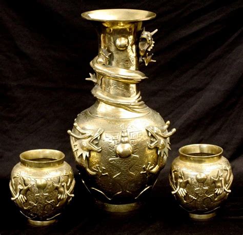 Chinese Brass Vases With Engraved Decoration And Marks Brass Oriental