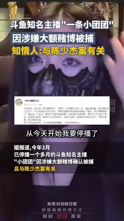 知名主播“一条小团团”因涉嫌大额赌博确认被捕！斗鱼ceo陈少杰也已取保候审