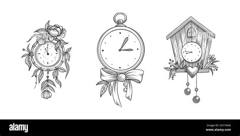 Set Of Doodle Sketch Watches Alarm Clocks Stop Watch And Timer Time