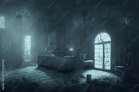 creepy interior of an abandoned building background, concept art, digital illustration, haunted ...