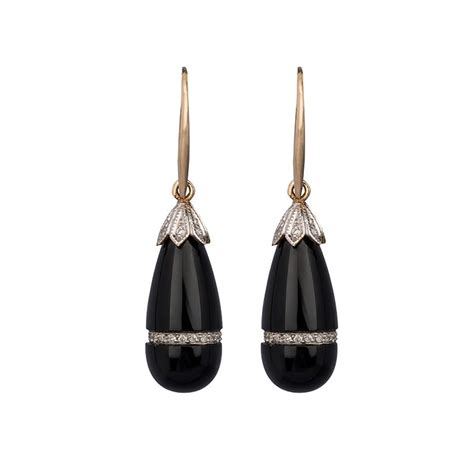 9ct Yellow Gold Art Deco Style Tear Drop Onyx And Diamond Earrings