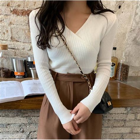 V Neck Knitted Long Sleeve Womens Fashion Tops Longsleeves On Carousell