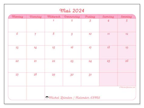 Kalender Mai 2024 Zum Ausdrucken 621MS Michel Zbinden DE