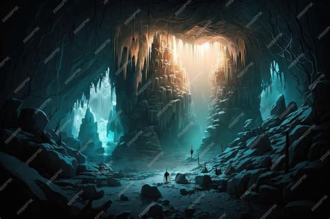 Premium Ai Image An Illuminated Cavern With Ice Stalagmites And