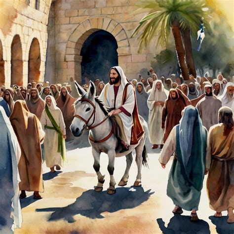 Jesus Entering In Jerusalem On A Donkey Welcomed By The Crowd Palm