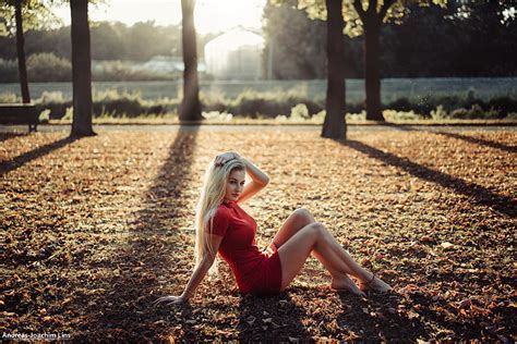 Women Andreas Joachim Lins Blonde Trees Red Dress Sitting Leaves