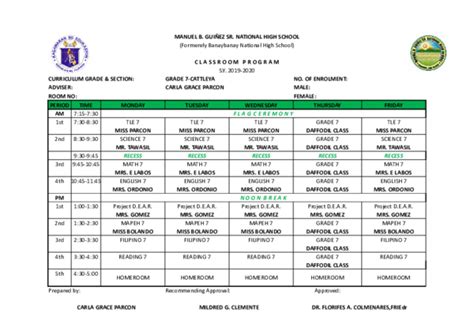 Xls Class Program 2019 2020 Sample Format Juvy Relojero