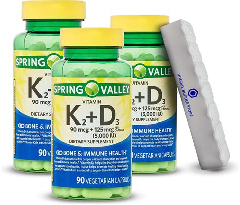 Spring Valley K2 D3 Vitamin Supplement 90mcg 125mcg Vegetarian Capsules 90 Count