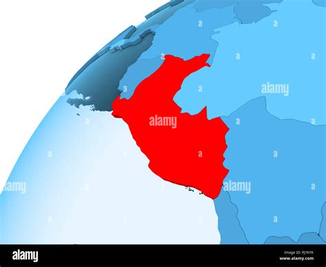 Peru In Red On Blue Model Of Political Globe With Transparent Oceans