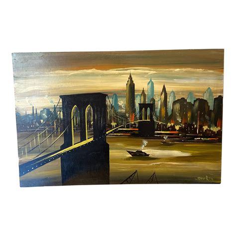 1976 New York Skyline Brooklyn Bridge Oil Painting on Board | Chairish