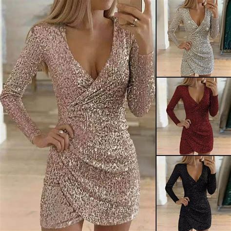 Sexy Profundo Decote Em V Vestido De Lantejoulas Elegante Feminino