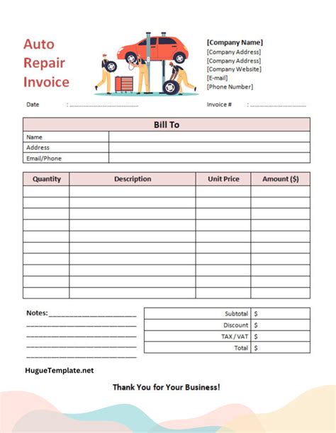 Printable Auto Repair Invoice Template