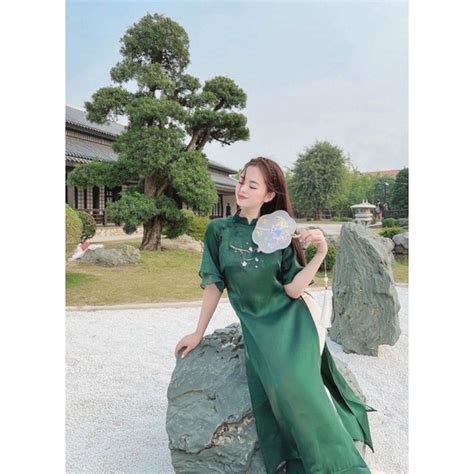 Silk Ao Dai 4 Flaps Hand Embroidered Peach Branch Pattern Ao Dai