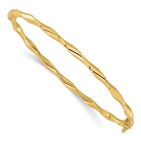 14k Yellow Gold Polished And Diamond Cut Twisted Hinged Bangle Bracelet