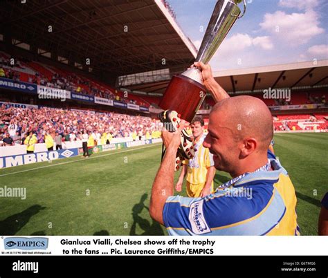 Gianluca Vialli Chelsea Shows Off The Trophy To The Fans Hi Res Stock