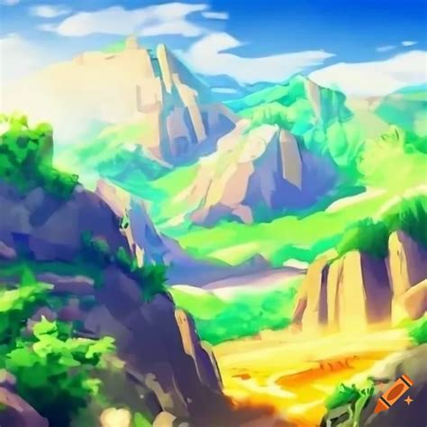 Anime-style pokémon landscape art featuring rugged rocky terrain