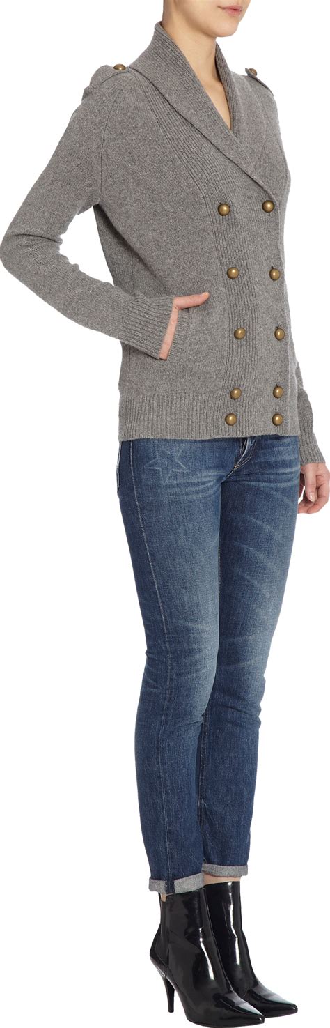 Barneys New York Double Breasted Military Cardigan In Gray Lyst