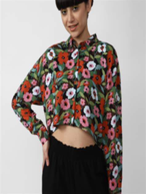 Buy Forever 21 Black And White Floral Print Shirt Style Crop Top Tops