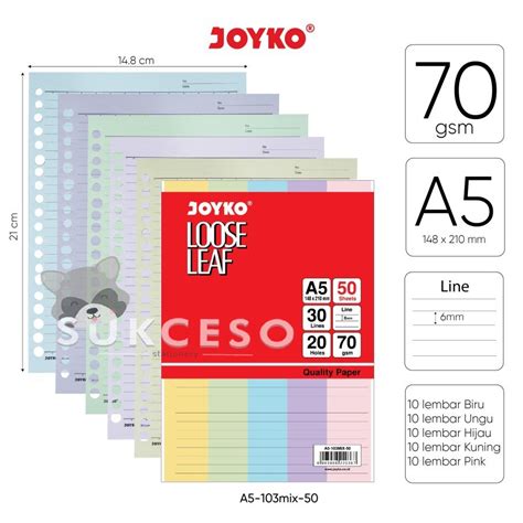 Jual Joyko Loose Leaf Isi Ulang Refill Binder Paper A5 103mix 50 Lembar