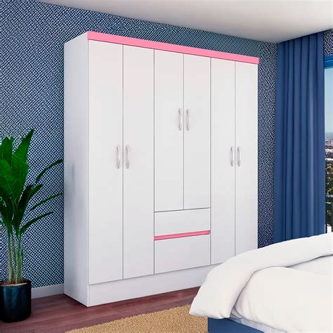 Guarda Roupa Branco E Rosa - Guarda-Roupa Solteiro Sória Flex 6 Portas 2 Gavetas Branco e Rosa