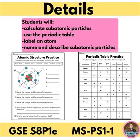 atoms  periodic table practice worksheets atomic structure