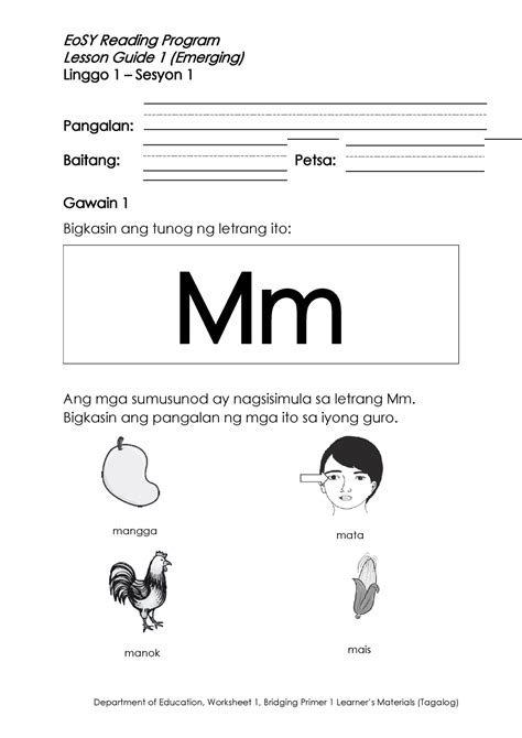 Tagalog Emerging Wk1s1 Lesson Guide 1 Emerging Linggo 1 Sesyon 1 Pangalan Baitang