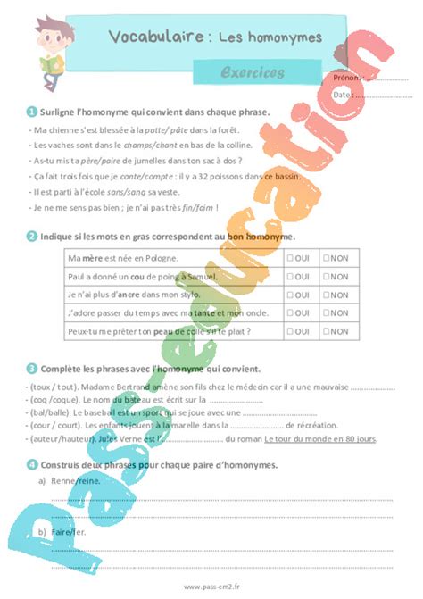 Les Homonymes Exercices De Vocabulaire Pour Le Cm Pdf Imprimer