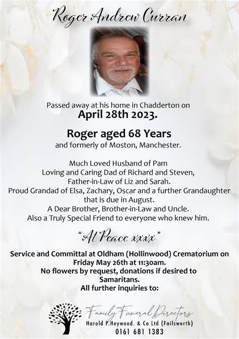 Roger Andrew Curran - Oldham Independent Funeral Services
