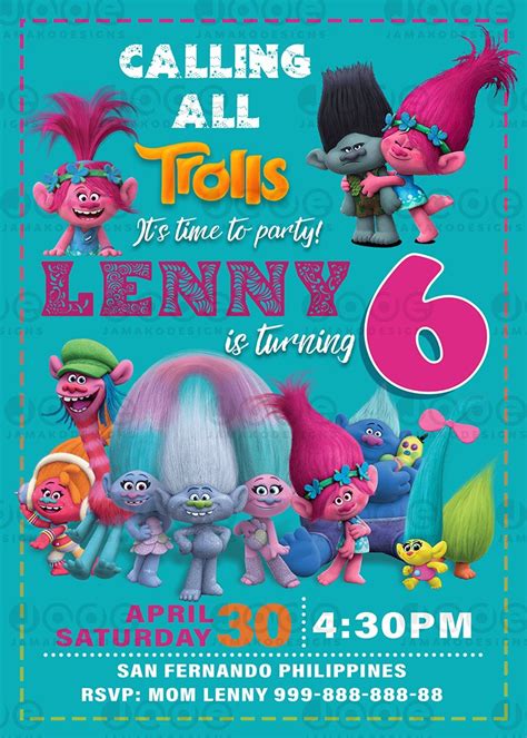 Trolls World Tour Birthday Invitation Printable Jamakodesigns