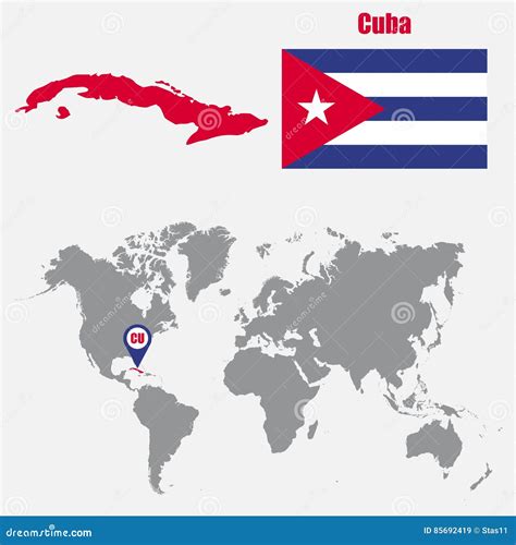 Cuba Map On A World Map With Flag And Map Pointer Vector Illustration