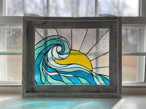 Stained Glass Ocean Wave And Sun Framed Panel Etsy