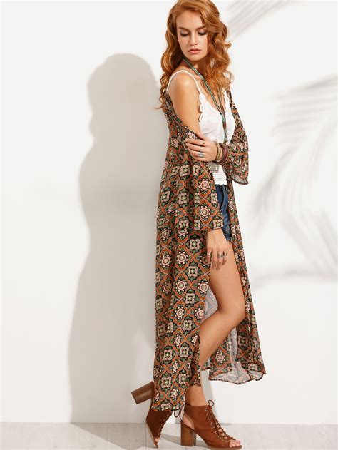 Multicolor Retro Print Long Kimono Shein Sheinside