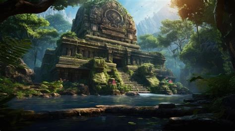 Premium AI Image | a digital painting of a temple in the jungle.