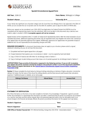 Fillable Online Financialaid Umd Special Circumstance Cost Of