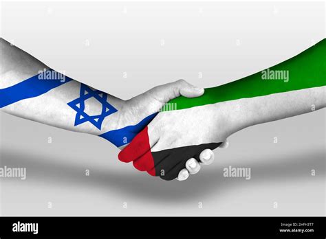 Handshake Between United Arab Emirates And Israel Flags Painted On Hands Illustration With