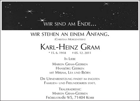 Traueranzeigen Von Karl Heinz Gram Zvw Trauer