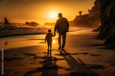 A Father And Son Walk Hand In Hand Along A Beach Ai Generated Stock