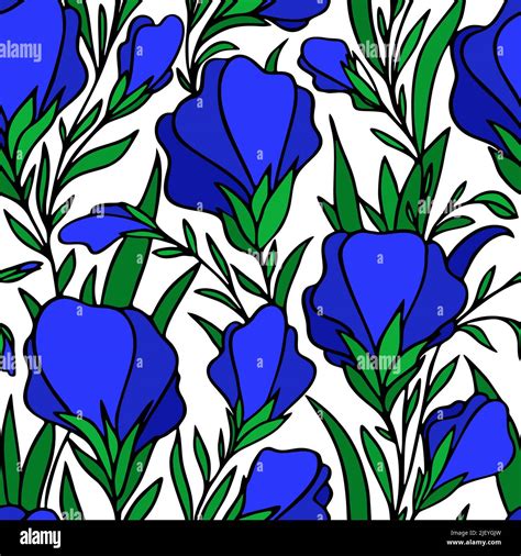 Art Seamless Pattern Of Large Blue Flower Buds On A White Background