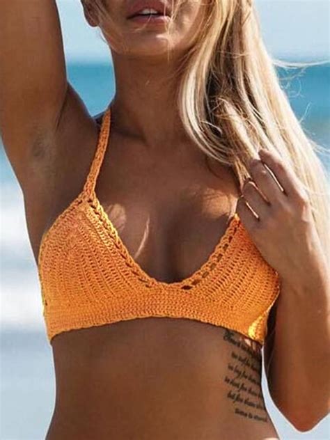 Emmiol Free Shipping Lace Up Crochet Knitted Bikini Top Orange S