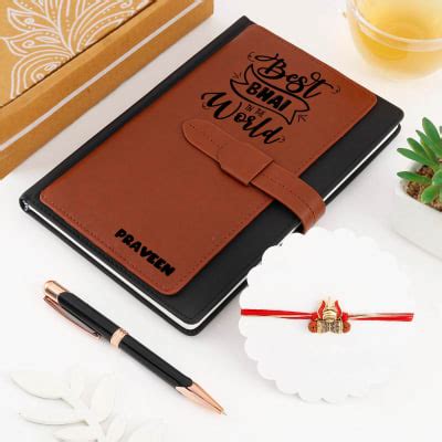 Rudraksha And Trishul Rakhi With Personalized Diary And Pen Gift Send