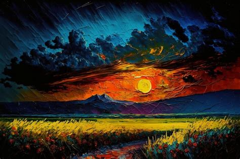 Premium Photo | A painting of a sunset with mountains in the background.