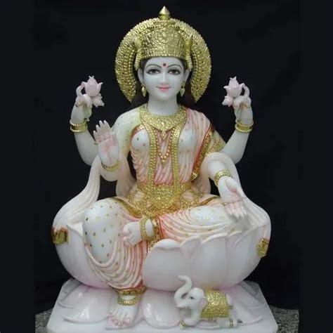 White Golden And Pink Painted Feet Marble Laxmi Mata Statue For