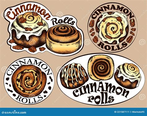 Drawing Set Of Cinnamon Roll Stickers For Cafe Menu Bakerycinnamon Bun With Raisins Icing