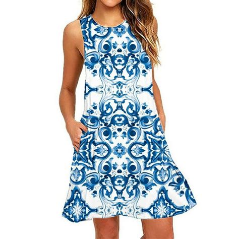 Amlbb Summer Dresses For Women Beach Floral Tshirt Sundress Sleeveless Pockets Casual Loose Tank